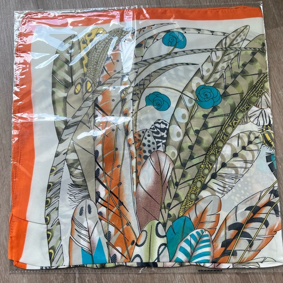 Retro vintage orange white Feather silk scarf wrap - Picture 4 of 9